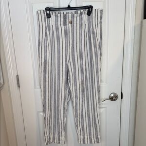 Madewell linen blend paper-bag waist White Pants with Navy (dark Baltic) stripes